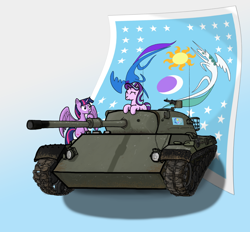 Size: 1772x1643 | Tagged: artist needed, source needed, safe, derpibooru import, starlight glimmer, twilight sparkle, twilight sparkle (alicorn), alicorn, duo, duo female, female, flag of equestria, gradient background, grin, gun, machine gun, riding, smiling, spread wings, tank (vehicle), weapon, wings