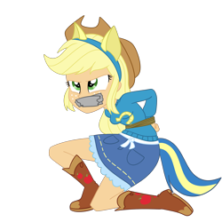 Size: 2000x2000 | Tagged: safe, artist:nie-martw-sie-o-mnie, derpibooru import, applejack, human, equestria girls, g4, applesub, arm behind back, bondage, boots, boots bondage, bound and gagged, clothes, cowboy boots, cowboy hat, denim, denim skirt, female, femsub, freckles, gag, hat, helping twilight win the crown, kidnapped, kneeling, rope, rope bondage, shoes, simple background, skirt, solo, submissive, tape, tape gag, transparent background, wondercolts uniform