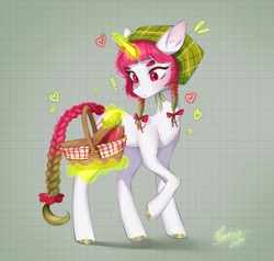 Size: 1440x1372 | Tagged: safe, artist:noemint, derpibooru import, oc, oc only, pony, unicorn, abstract background, basket, bow, braid, braided tail, dragon fruit, female, floating heart, freckles, hair bow, hat, heart, horn, magic, mare, picnic basket, solo, tail, telekinesis