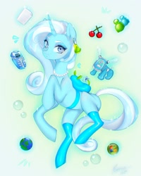 Size: 1440x1800 | Tagged: safe, artist:noemint, derpibooru import, oc, oc only, oc:fresh mintshine, pony, unicorn, backpack, bubble, clothes, ear piercing, earring, female, frutiger aero, horn, jewelry, mare, necklace, phone, piercing, socks, solo