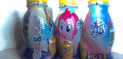 Size: 7590x3656 | Tagged: safe, derpibooru import, fluttershy, pinkie pie, rainbow dash, g4, bottle, female, irl, my little pony logo, photo, toy