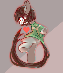 Size: 980x1126 | Tagged: safe, artist:alus, derpibooru import, earth pony, pony, abstract background, chara, clothes, female, filly, foal, glowing, grin, heart, ponified, shirt, smiling, solo, species swap, undertale