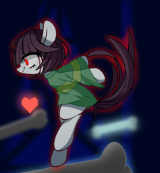 Size: 981x1060 | Tagged: safe, artist:alus, derpibooru import, earth pony, pony, abstract background, bone, chara, clothes, female, filly, foal, glowing, heart, ponified, shirt, smiling, solo, species swap, undertale