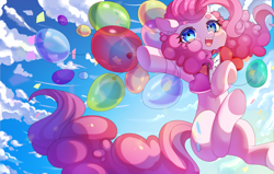 Size: 3935x2500 | Tagged: safe, artist:alus, derpibooru import, pinkie pie, earth pony, pony, balloon, blushing, clipboard, female, floating, mare, open mouth, smiling, solo, then watch her balloons lift her up to the sky