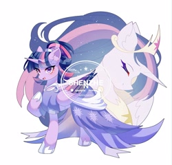 Size: 1668x1600 | Tagged: safe, artist:alus, derpibooru import, princess celestia, twilight sparkle, twilight sparkle (alicorn), alicorn, pony, the last problem, blushing, clothes, coronation dress, dress, eyes closed, female, gown, mare, open mouth, second coronation dress, simple background, smiling, text, white background