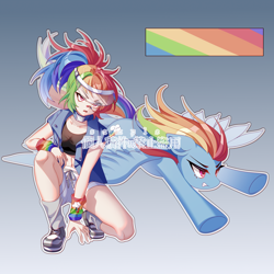 Size: 3356x3356 | Tagged: safe, artist:alus, derpibooru import, rainbow dash, human, pegasus, pony, g4, belly, belly button, clothes, gradient background, grin, human ponidox, humanized, jacket, outline, sample, self paradox, self ponidox, shoes, shorts, smiling, socks, spread wings, text, visor cap, white outline, wings