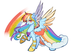 Size: 3000x2187 | Tagged: safe, artist:alus, derpibooru import, rainbow dash, pegasus, pony, clothes, dress, female, gala dress, jewelry, laurel wreath, mare, multicolored hair, necklace, open mouth, rainbow dash always dresses in style, rainbow hair, raised hoof, raised leg, shoes, simple background, smiling, solo, spread wings, white background, wings