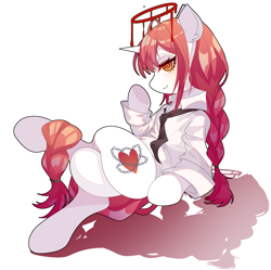 Size: 2359x2350 | Tagged: safe, artist:alus, derpibooru import, pony, unicorn, chainsaw man, crossed legs, female, grin, halo, horn, makima, mare, ponified, simple background, sitting, smiling, solo, species swap, white background