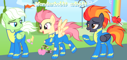 Size: 1280x612 | Tagged: safe, artist:vi45, derpibooru import, oc, oc only, pegasus, pony, clothes, female, mare, rainbow waterfall, trio, trio female, uniform, wonderbolts uniform