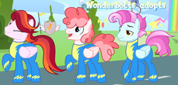 Size: 1280x615 | Tagged: safe, artist:vi45, derpibooru import, oc, oc only, pegasus, pony, clothes, male, one eye closed, raised hoof, raised leg, stallion, trio, trio male, uniform, wink, wonderbolts uniform