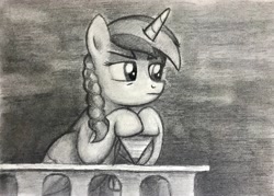 Size: 3867x2762 | Tagged: safe, derpibooru import, oc, oc only, oc:cokecoffee, alicorn, pony, braid, female, grayscale, horn, jewelry, lidded eyes, looking to side, looking to the right, mare, monochrome, pencil drawing, pendant, solo, traditional art, wings