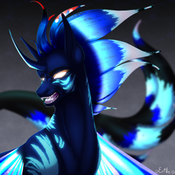 Size: 2500x2500 | Tagged: safe, artist:eville6, derpibooru import, oc, oc only, alicorn, seapony (g4), g4, bioluminescent, blank eyes, blue mane, blue tail, bubble, commission, curved horn, digital art, eyelashes, eyeshadow, fangs, fin wings, fins, fish tail, flowing mane, flowing tail, glowing, glowing eyes, glowing wings, gradient background, gray background, high res, horn, looking at you, makeup, male, ocean, open mouth, scales, seaponified, seapony oc, signature, simple background, solo, sparkles, species swap, spread wings, stallion, stallion oc, starry wings, sternocleidomastoid, swimming, tail, teeth, underwater, water, wings