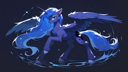 Size: 3840x2176 | Tagged: safe, ai content, derpibooru import, generator:stable diffusion, machine learning generated, princess luna, alicorn, pony, g4, concave belly, female, full body, generator:tponynai3, horn, mare, pose, prompter:truekry, raised hoof, raised leg, slender, solo, spread wings, tail, thin, wallpaper, wings