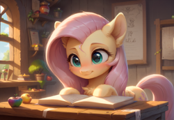 Size: 2397x1649 | Tagged: safe, ai content, derpibooru import, generator:stable diffusion, machine learning generated, fluttershy, pegasus, pony, apple, bench, blush lines, blushing, book, cheek fluff, chest fluff, cute, detailed background, ear fluff, ears, ears up, female, flower, fluffy, food, generator:bluefox mix, happy, hoof fluff, hooves, indoors, jars, looking down, mare, potted plant, prompter:adorablebluefox, reading, shyabetes, smiling, solo, tail, window, wings, zap apple