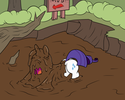 Size: 2000x1600 | Tagged: safe, artist:amateur-draw, derpibooru import, rarity, pony, unicorn, covered in mud, female, forest, horn, mud, mud bath, muddy, nature, sign, solo, tree