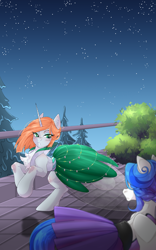 Size: 2000x3200 | Tagged: safe, artist:mari_deer, derpibooru import, oc, oc only, oc:white berry, oc:wintermane, earth pony, unicorn, blushing, clothes, dress, earth pony oc, eyeshadow, high res, horn, looking at each other, looking at someone, makeup, open mouth, out of focus, pine tree, railing, stars, tree, unicorn oc, vertical