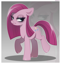 Size: 2170x2250 | Tagged: safe, artist:scarffist, derpibooru import, pinkie pie, earth pony, pony, g4, alternate hairstyle, angry, base used, edgy, eyeshadow, female, gradient background, gritted teeth, long hair, long mane, long tail, looking back, makeup, pinkamena diane pie, sad, solo, tail, teeth, zoom layer