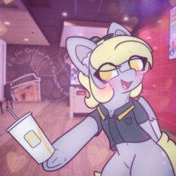 Size: 2664x2664 | Tagged: safe, artist:sodapop sprays, derpibooru import, derpy hooves, oc, oc only, pegasus, pony, semi-anthro, series:derpy can't catch a break, belly, belly button, blushing, clothes, ear fluff, ears, eye clipping through hair, freckles, irl background, looking at you, mcdonald's, pixel art, solo, sprite, uniform