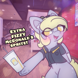 Size: 2664x2664 | Tagged: safe, artist:sodapop sprays, derpibooru import, derpy hooves, oc, oc only, pegasus, pony, series:derpy can't catch a break, blushing, clothes, ear fluff, ears, eye clipping through hair, freckles, imminent death, imminent everything, irl background, looking at you, mcdonald's, meme, solo, text, uniform