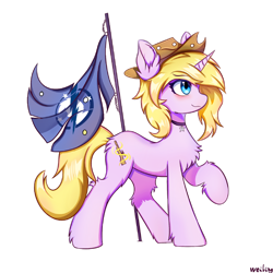 Size: 2048x2048 | Tagged: safe, artist:weiling, derpibooru import, oc, oc only, pony, unicorn, fallout equestria, g4, chest fluff, cowboy hat, cute, ear fluff, ears, female, flag, hat, high res, horn, mare, oc name needed, raised hoof, raised leg, side view, signature, simple background, smiling, solo, standing on three hooves, unnamed oc, white background