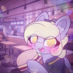 Size: 2664x2664 | Tagged: safe, artist:sodapop sprays, derpibooru import, derpy hooves, oc, oc only, pegasus, pony, series:derpy can't catch a break, blushing, burger, clothes, ear fluff, ears, eye clipping through hair, food, freckles, irl background, looking at you, mcdonald's, solo, uniform