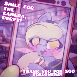 Size: 2664x2664 | Tagged: safe, artist:sodapop sprays, derpibooru import, carrot top, derpy hooves, golden harvest, oc, oc only, pegasus, pony, series:derpy can't catch a break, :o, blushing, burger, clothes, ear fluff, ears, eye clipping through hair, food, freckles, irl background, looking at you, mcdonald's, open mouth, phone, solo, surprised, taking a photo, uniform