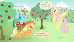 Size: 2000x1125 | Tagged: safe, artist:minimoose772, derpibooru import, applejack, fluttershy, rainbow dash, earth pony, pegasus, pony, g4, annoyed, apple, apple orchard, applejack is not amused, applejack's hat, bit, clothes, cloud, cowboy hat, cutie mark, day, dialogue, eyes closed, female, flying, food, fruit, full body, hat, looking back, mare, open mouth, open smile, orchard, outdoors, photoshop, ponies riding ponies, rainbow dash riding applejack, reins, riding, riding a pony, sky, smiling, tack, text, tree, unamused, wallpaper, wings