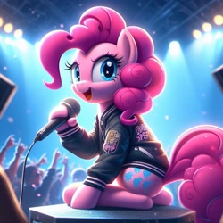 Size: 1024x1024 | Tagged: safe, ai content, derpibooru import, machine learning generated, pinkie pie, earth pony, g4, clothes, female, jacket, microphone, prompter:pinkiepiepics, rapper, rapper pie, wrong cutie mark