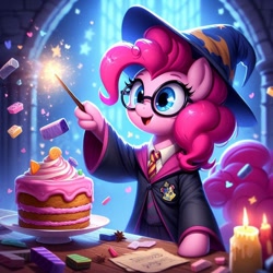 Size: 1024x1024 | Tagged: safe, ai content, derpibooru import, machine learning generated, pinkie pie, earth pony, g4, cake, female, food, harry potter, harry potter (series), hat, hogwarts, hoof fingers, prompter:pinkiepiepics, wand, wizard, wizard hat