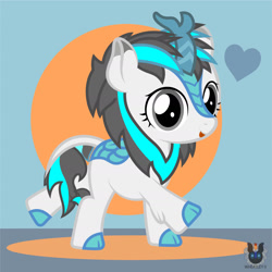 Size: 1418x1418 | Tagged: safe, artist:wheatley r.h., derpibooru exclusive, derpibooru import, oc, oc only, oc:blizzard flare, kirin, cloven hooves, female, filly, foal, happy, heart, kirin oc, raised hoof, raised leg, solo, three toned background, tongue, tongue out, vector, watermark