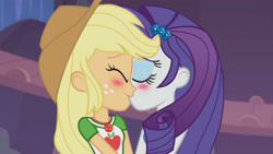 Size: 1280x720 | Tagged: safe, artist:alexander-crystal, derpibooru import, edit, edited screencap, screencap, applejack, rarity, human, equestria girls, g4, rollercoaster of friendship, applejack's hat, blushing, clothes, cowboy hat, equestria girls specials, female, geode of super strength, hat, kissing, lesbian, magical geodes, rarijack, shipping