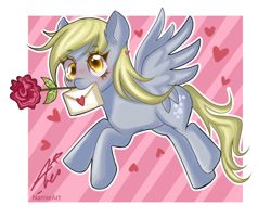 Size: 1280x1030 | Tagged: safe, artist:namieart, derpibooru import, derpy hooves, pegasus, pony, g4, female, flower, heart, letter, mare, mouth hold, rose, solo