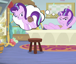 Size: 828x703 | Tagged: safe, derpibooru import, edit, starlight glimmer, g4, brick, brick butt, bricks, butt, chair, desk, dock, female, fetish, lidded eyes, mare, mischievous, multicolored hair, multicolored mane, multicolored tail, mystery, plot, schrödinger's brick booty, schrödinger's pantsu, sitting, smug, solo, stool, tail, thought bubble