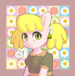 Size: 586x592 | Tagged: safe, artist:viki-niki, derpibooru import, oc, oc only, earth pony, g4, clothes, cute, dress, earth pony oc, female, female oc, flower, flower in hair, green eyes, mare, ocbetes, passepartout, patterned background, solo, white coat, yellow hair, yellow mane