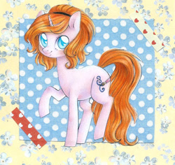 Size: 828x783 | Tagged: safe, artist:viki-niki, derpibooru import, oc, oc only, oc:dazha, pony, unicorn, g4, blue eyes, cute, female, female oc, flower, hairband, heart, horn, mare, ocbetes, orange hair, orange mane, orange tail, patterned background, pink coat, polka dots, postcard, raised hoof, raised leg, small horn, smiling, solo, tail, traditional art, unicorn oc