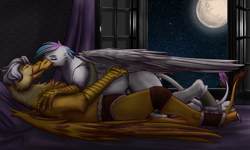 Size: 2500x1500 | Tagged: artist needed, source needed, safe, derpibooru import, princess celestia, oc, oc:alviss, griffon, bed, bedroom, clothes, griffonized, loincloth, moon, night, species swap, stars, tribal, window