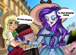 Size: 1280x923 | Tagged: safe, artist:namieart, derpibooru import, applejack, rarity, human, equestria girls, g4, applejack's hat, cellphone, clothes, cowboy hat, female, hat, phone, speech bubble