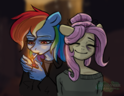 Size: 3000x2323 | Tagged: safe, artist:bloodymrr, derpibooru import, fluttershy, rainbow dash, anthro, pegasus, g4, abuse, alternate universe, bags under eyes, blue coat, blurry background, bruised, cigarette, clothes, duo, duo female, ears back, eye clipping through hair, female, flutterbuse, hair bun, holding, implied flutterbuse, implied violence, lidded eyes, looking at you, looking down, multicolored hair, multicolored mane, pink hair, pink mane, rainbow hair, smiling, smiling at you, smoking, sweater, sweatershy, tired, watermark, yellow coat