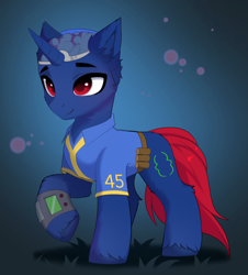 Size: 3024x3346 | Tagged: safe, artist:empress-twilight, derpibooru import, oc, oc only, oc:bit shift, pony, unicorn, fallout equestria, blue coat, brain, clothes, high res, horn, jumpsuit, light blue background, organs, pipbuck, red eyes, red tail, simple background, smiling, solo, tail, vault suit