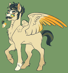 Size: 1492x1603 | Tagged: safe, artist:cactiflowers, derpibooru import, oc, pegasus, pony, colored wings, gradient wings, green background, male, offspring, parent:soarin', parent:spitfire, parents:soarinfire, simple background, solo, stallion, sunglasses, two toned wings, wings