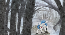 Size: 3226x1750 | Tagged: safe, artist:kirbirb, oc, oc only, oc:delta dart, hippogriff, detailed background, fluffy, forest, hippogriff oc, looking behind you, snow, snowfall, solo, talons, winter, winter coat