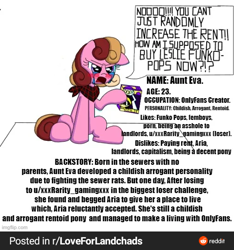 Size: 506x540 | Tagged: safe, artist:aryannerapesmewithherfutacockeverynight, ponerpics import, oc, oc:aria property, oc:aunt eva, oc:leslie fair, pony, aria property cinematic universe, autism, caption, crying, funko pop!, landlord, speech bubble, text