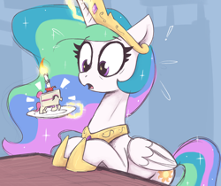 Size: 2500x2100 | Tagged: safe, artist:t72b, derpibooru import, princess celestia, alicorn, cake pony, food pony, object pony, original species, pony, g4, cake, cakelestia, candle, emanata, ethereal mane, eyes closed, female, folded wings, food, gift art, hoof shoes, horn, imminent trauma, jewelry, looking at something, magic, mare, open mouth, plate, ponified, princess shoes, regalia, species swap, surprised, table, tail, wings