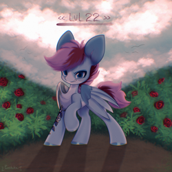 Size: 3000x3000 | Tagged: safe, artist:persikulka, derpibooru import, oc, oc only, pegasus, pony, cloud, cloudy, flower, life bar, looking at you, pegasus oc, raised hoof, raised leg, smiling, smiling at you, solo