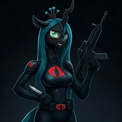 Size: 1024x1024 | Tagged: safe, ai content, derpibooru import, machine learning generated, queen chrysalis, anthro, changeling, changeling queen, g4, assault rifle, baroness, bodysuit, clothes, cosplay, costume, evil smile, female, g.i. joe, generator:google imagen 3.0, glasses, gradient background, gun, knife, prompter:zerowinger, rifle, smiling, solo, weapon