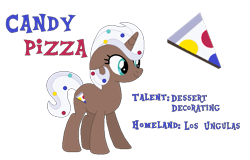 Size: 753x483 | Tagged: safe, artist:moonlightthegriffon, derpibooru import, oc, oc only, oc:candy pizza, pony, unicorn, base used, bio in description, cutie mark, dessert, female, food, horn, los ungulas, mare, reference sheet, simple background, solo, text, transparent background, unicorn oc