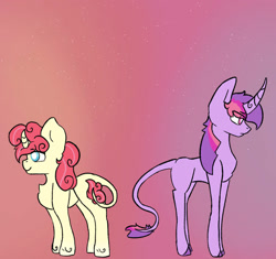 Size: 923x866 | Tagged: safe, artist:summerbeachyt, derpibooru import, oc, oc only, oc:berry, oc:star, pony, unicorn, duo, duo female, female, gradient background, horn, leonine tail, tail