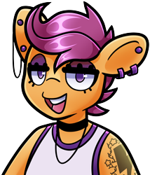 Size: 3176x3715 | Tagged: safe, artist:partypievt, derpibooru import, scootaloo, anthro, pegasus, pony, g4, choker, clothes, ear piercing, earring, eyeshadow, jewelry, looking at you, makeup, piercing, simple background, singlet, sleeveless, solo, tanktop, tattoo, transparent background