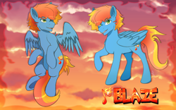 Size: 1920x1200 | Tagged: safe, artist:icy_passio, derpibooru import, oc, oc:blazarius, pegasus, pony, character design, fiery mane, green eyes, male, pegasus oc