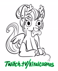 Size: 2192x2700 | Tagged: safe, artist:opalacorn, derpibooru import, oc, oc only, oc:void, pegasus, pony, controller, female, grayscale, laurel wreath, mare, mole, monochrome, nose piercing, nose ring, partial color, piercing, simple background, sitting, smiling, solo, white background